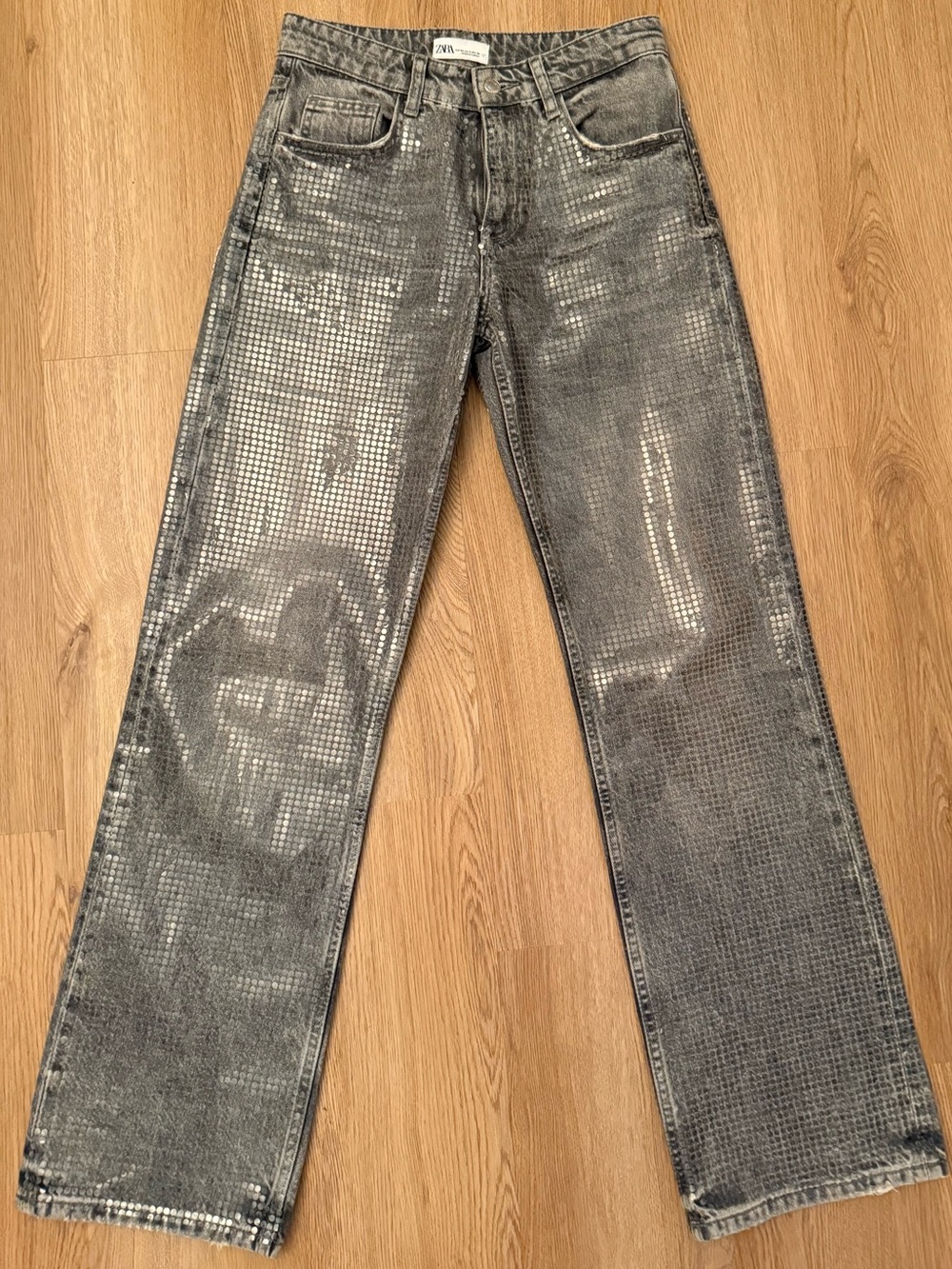 Zara Woman Gray Metallic Grid Jeans